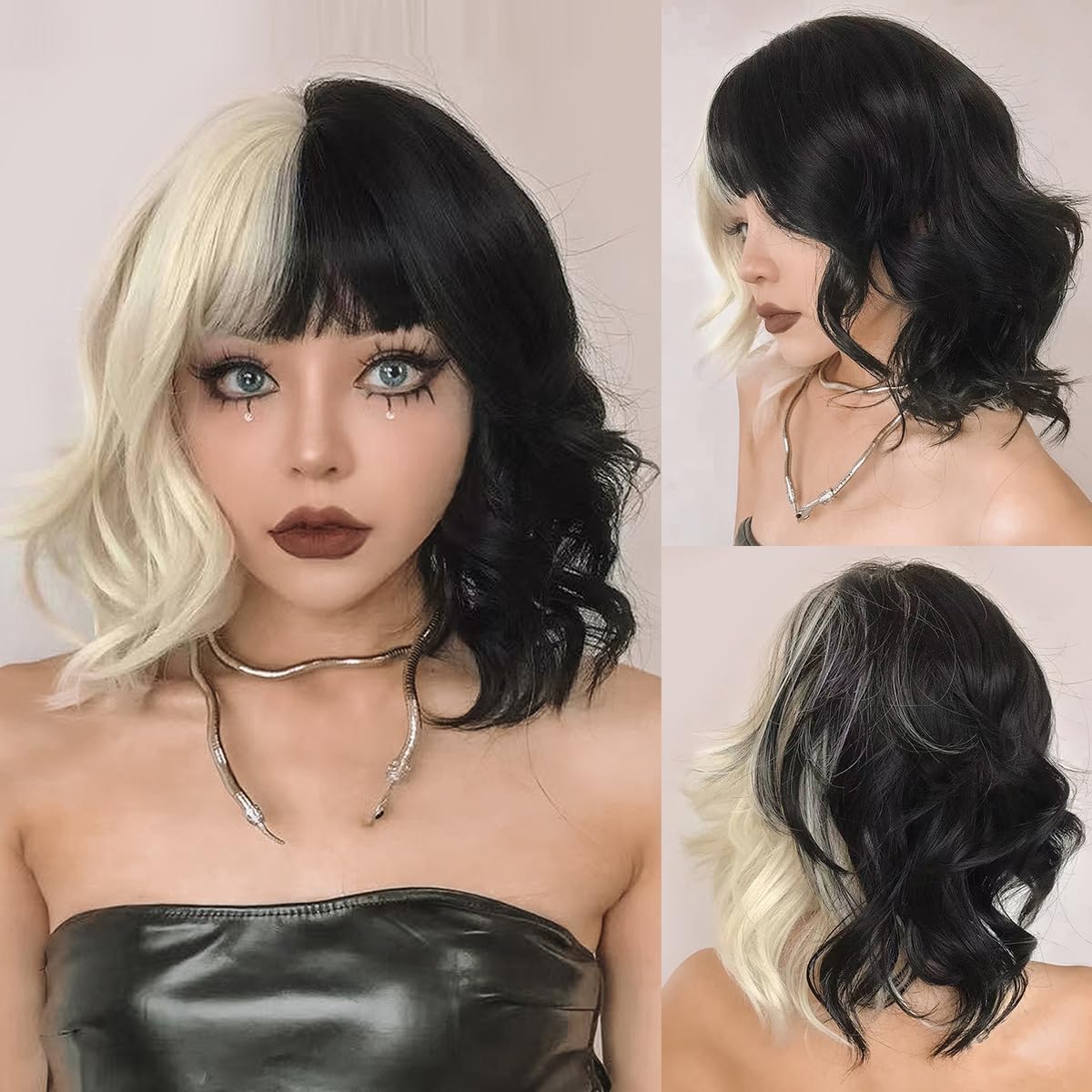 Black and White Wigs with Bangs Short Curly Bob Wavy Wig for Women Halloween Christmas Cosplay