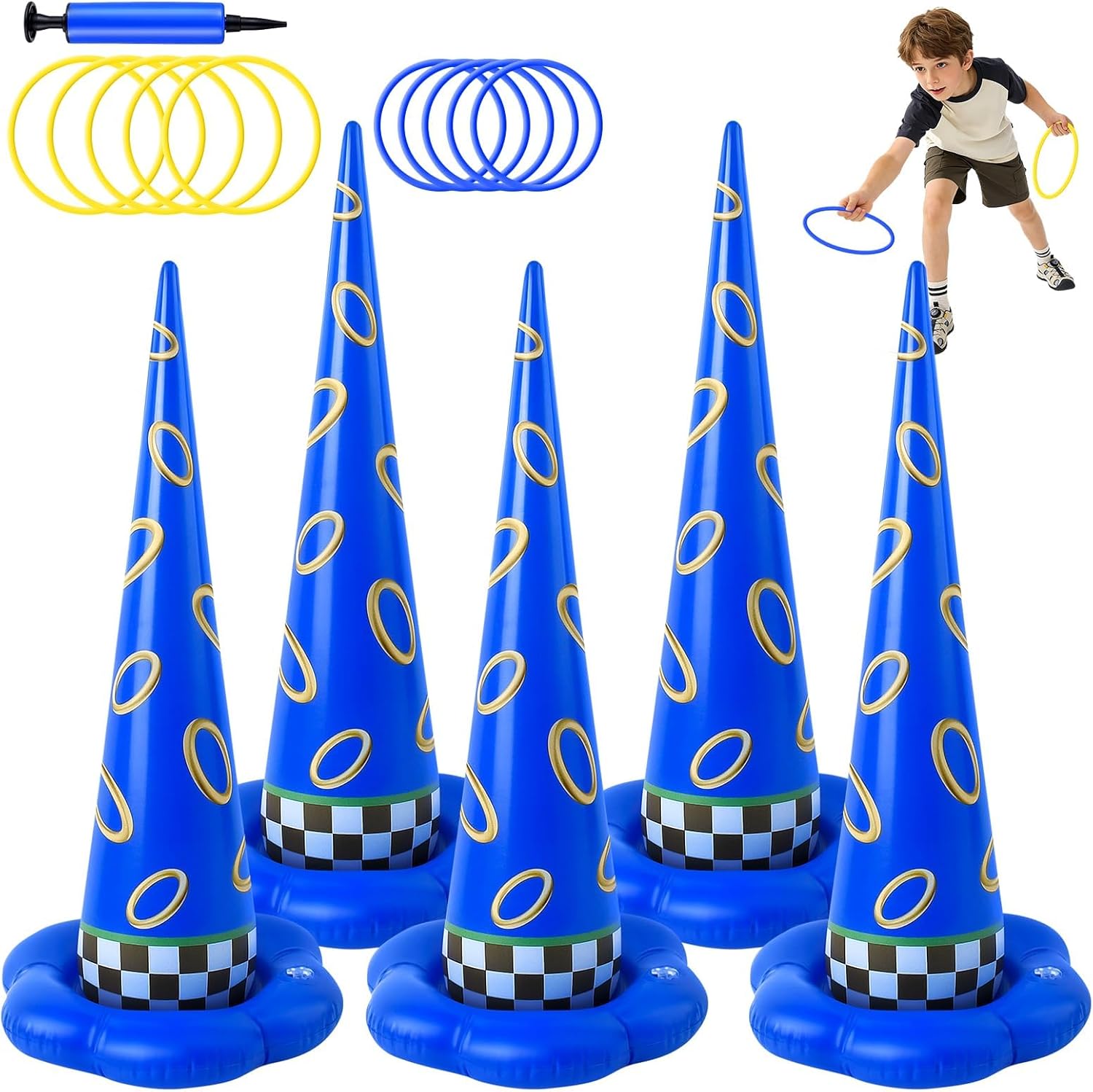 5 Pack Inflatable Ring Toss Game - Blue with Gold Ring Birthday Party Games with 10 Plastic Rings & Pump, Indoor Outdoor Carnival Toss Toy for Kids Party Favors