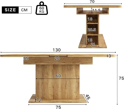 ModernLuxe Extendable Dining Table with Storage, Rectangle Kitchen Table, Simple and Elegant Design, Flexible Retractable Function, Space-saving and Multifunctional, Oak, 130x70x75cm