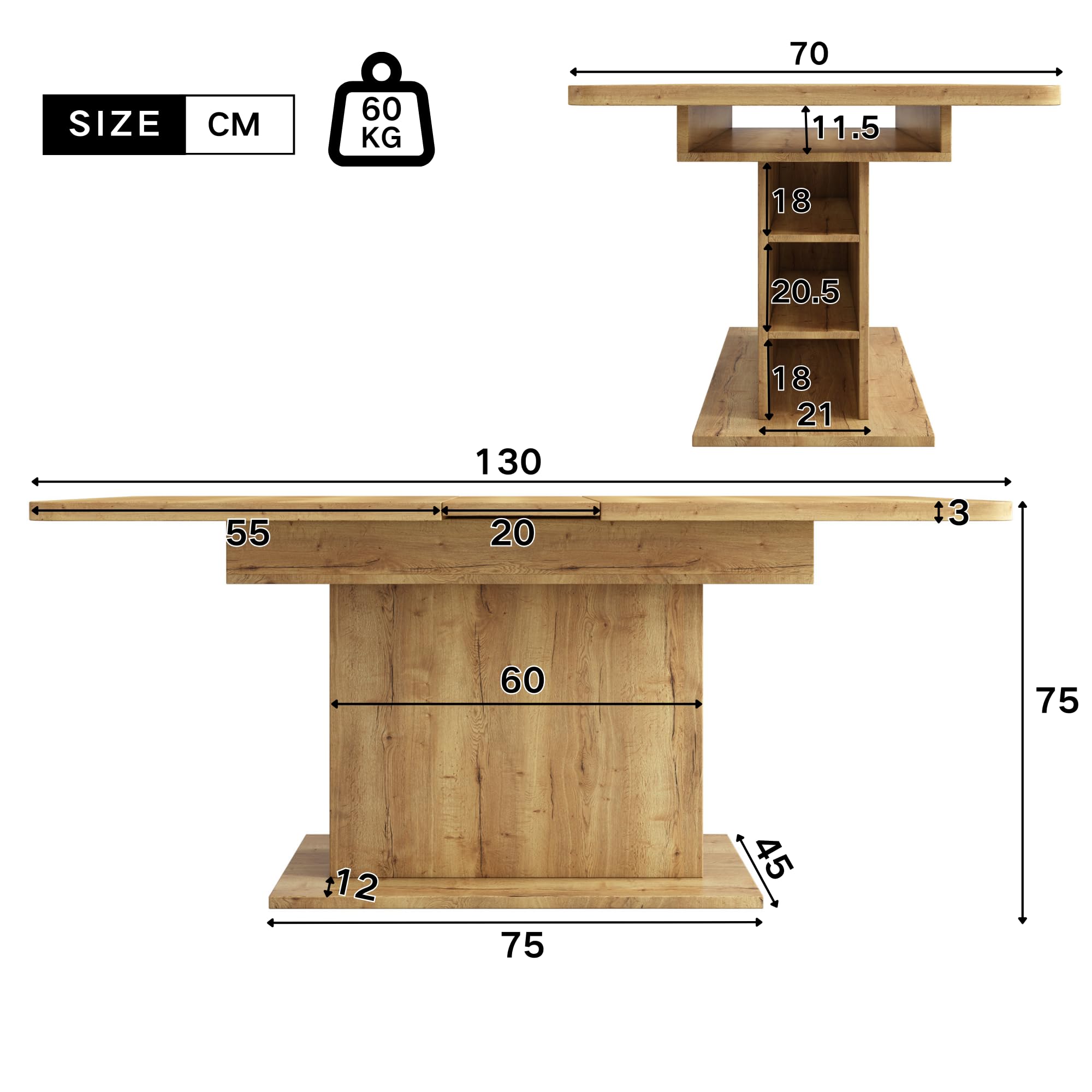 Merax Esstisch Holz, Ausziehbar Esszimmertisch mit Stauraum, Rechteckiger Küchentisch, für Wohnzimmer und Esszimmer, 110/130L x 70B x 75H cm, Natur
