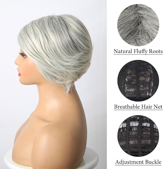 Platinum Gray Blonde Pixie Cut Layered Wig with Side Part Grey Curtain Bangs Silver Gray Wigs for Women, Synthetic Short Ombre Platinum Blonde Mixed Gray Bob Light Grey Pixie Wig