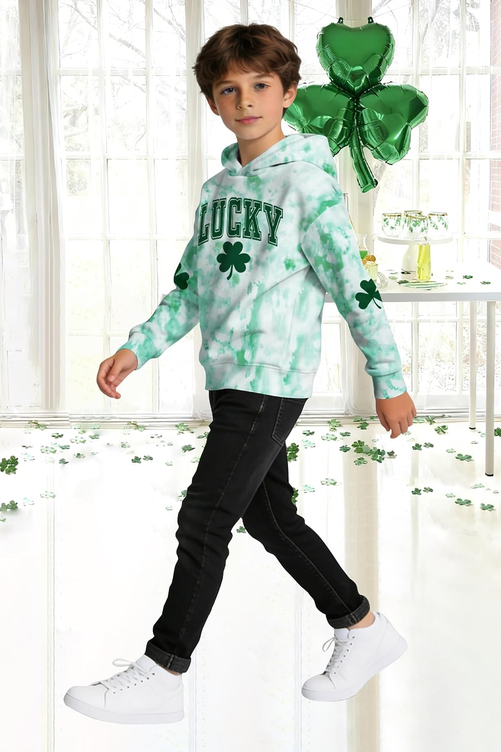 TMSD Unisex Kids St.Patrick's Day Long Sleeve Hoodie Clover Shamrock Sweatshirt 4-14 Years