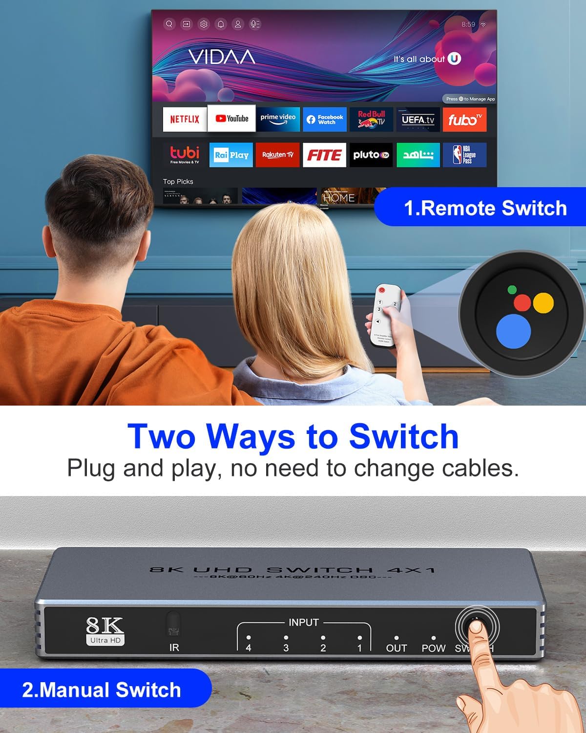 Hdmi Switcher 4 in 1 Out - New 8K@60Hz 4K@240Hz/144Hz/120Hz HDMI Splitter with Remote Support 3D/HDR/HDCP2.3, for PS5/4 Xbox Nintendo Switch Roku Apple TV Fire Stick 4 Port 8k HDMI2.1 Switch