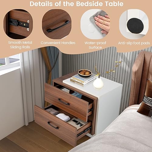 Miniatura 6 de Giantex Moderna mesita de noche con 2 cajones, mesa de noche rústica de madera de nogal con diseño único en forma de L blanco, mesa auxiliar