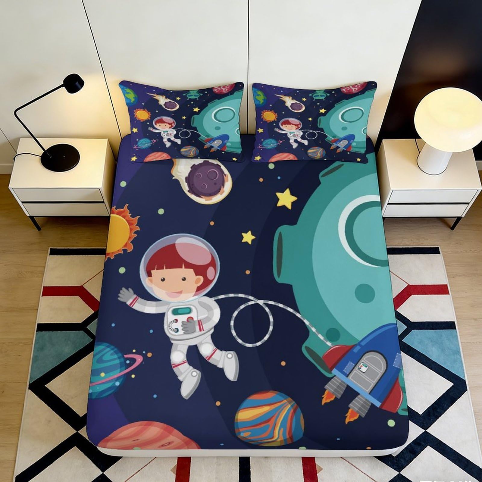 3D Printed Space Astronaut Fitted Sheet Microfiber Soft Durable Rocket Bed Cover for Bedroom Dormitory Guest Room Mattress Protection Decor 180x200x25cm