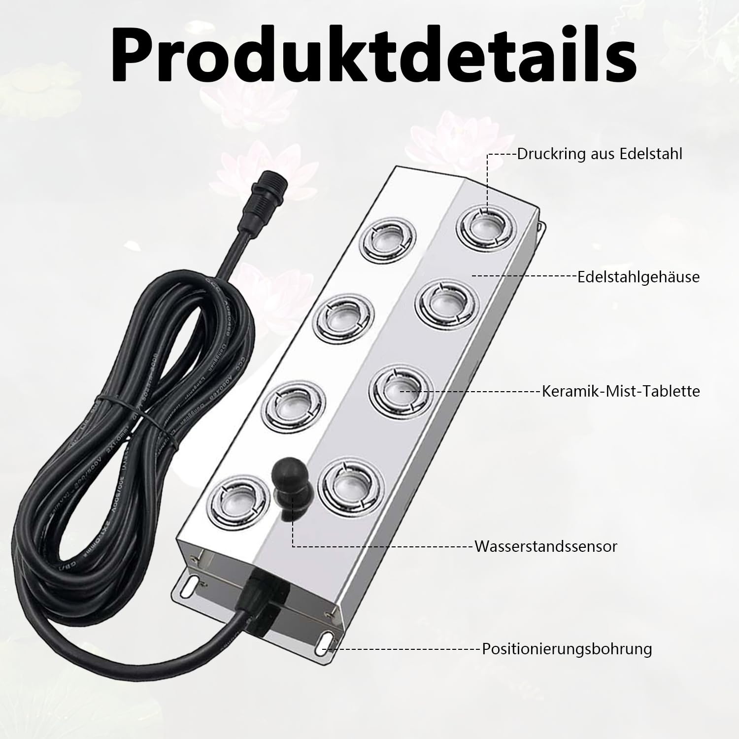 Nebelmacher Ultraschall 6L/H 8 Kopf Nebelbefeuchter 300W IP67 Wasserdicht Netzteil 5m Netzkabel EU Stecker