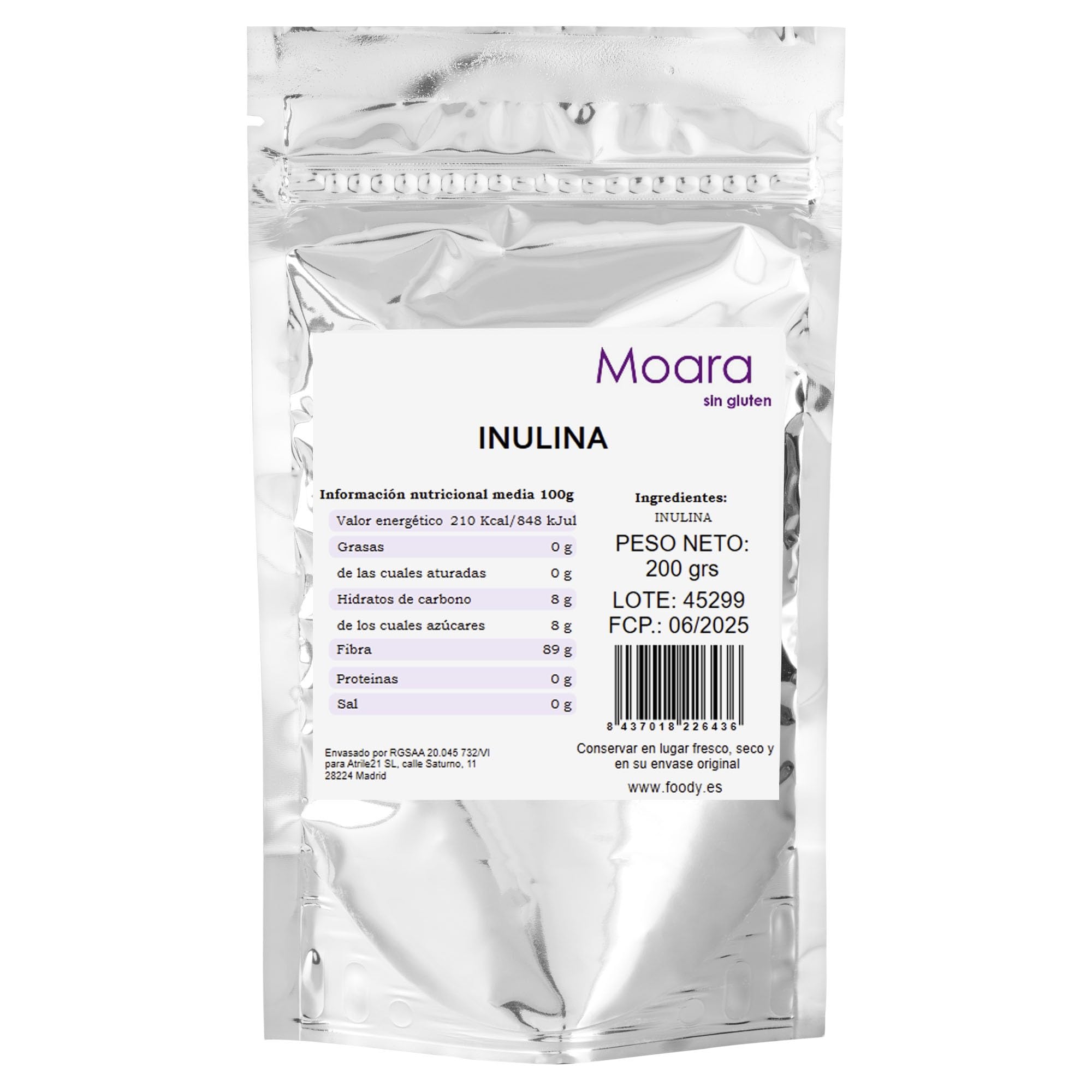 Inulina en polvo pura proveniente de la achicoria, 100% vegana, libre de gluten y alérgenos - Aporta textura y fibra a sus preparaciones - Prebiótico natural - 200gr. Envase Doypack zip