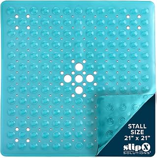 SlipX Solutions Essential Square Shower Mat, 21"x21", Grippy Textured Surface, 25% Stronger Suction Cups, Non-Slip Shower Floor Mat for Bathers of All Ages, Fits Standard Shower Stalls & Tubs, Aqua