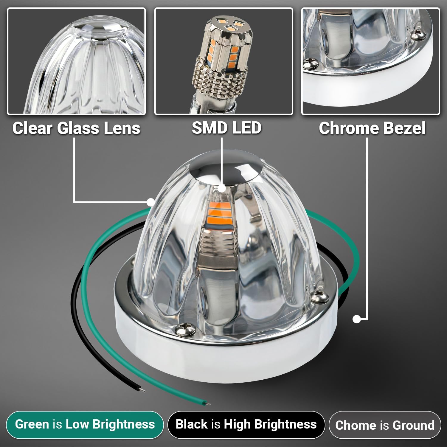 TMH 2 Pcs Amber Glass Lens 15 LED Watermelon Side Marker Lights High & Low Dual Brightness with Chrome Bezel 12V DC for Semi Truck Trailer Bus Pickup