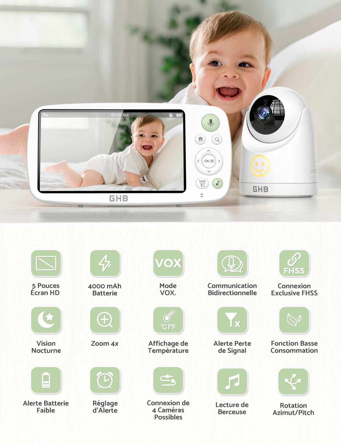 GHB Babyphone Caméra 5'' HD 1080P Caméra Bébé avec Longue Autonomie Batterie 4000 mAh 7 x 24H en Mode VOX 4X Zoom Communication Bidirectionnelle Vision Nocturne Capteur de Température
