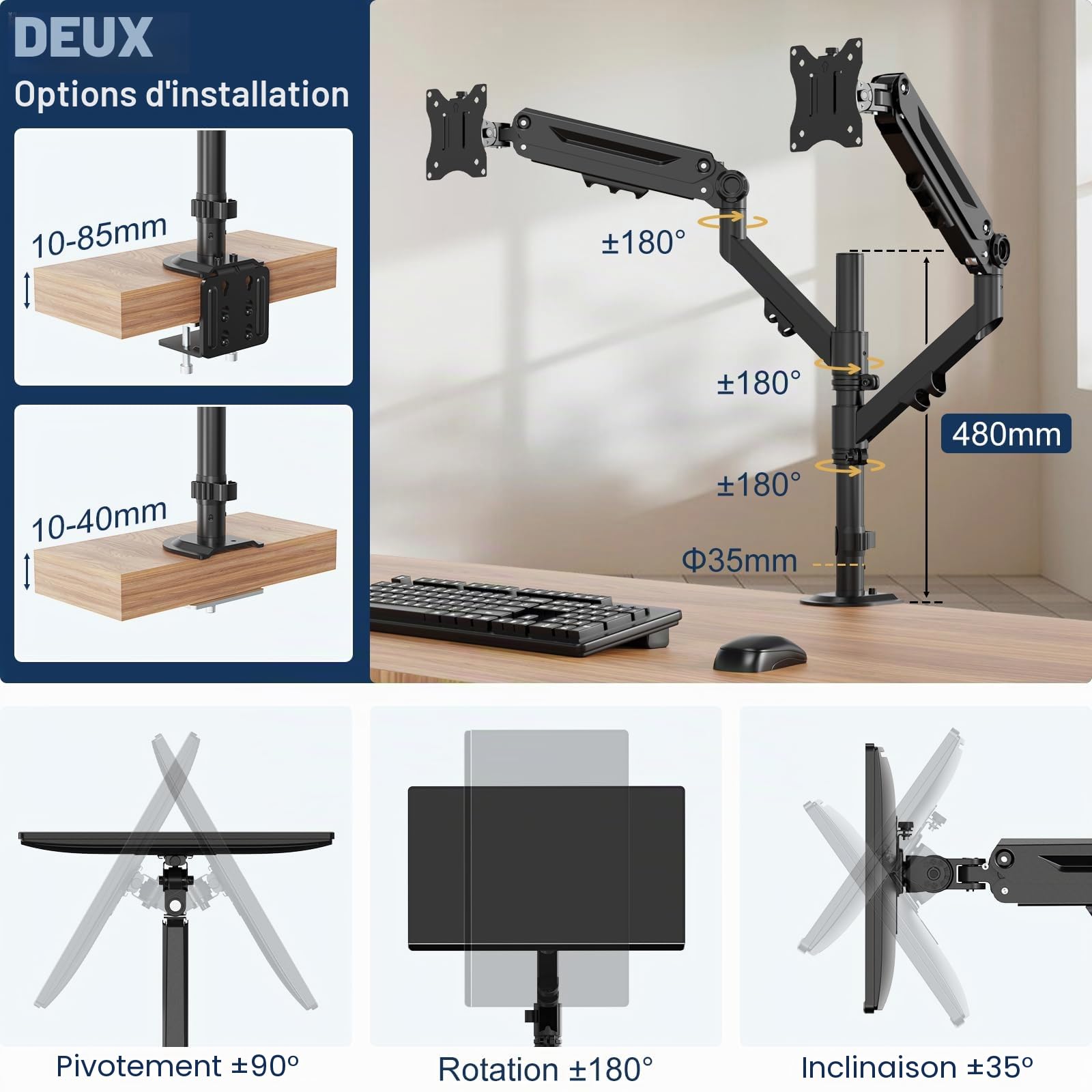 Support Double Moniteur pour 17 à 40 Pouces, supporte jusqu'à 12 kg, Bras de Moniteur pour 2 moniteurs placés verticalement/parallèlement, Montage VESA 75/100 mm