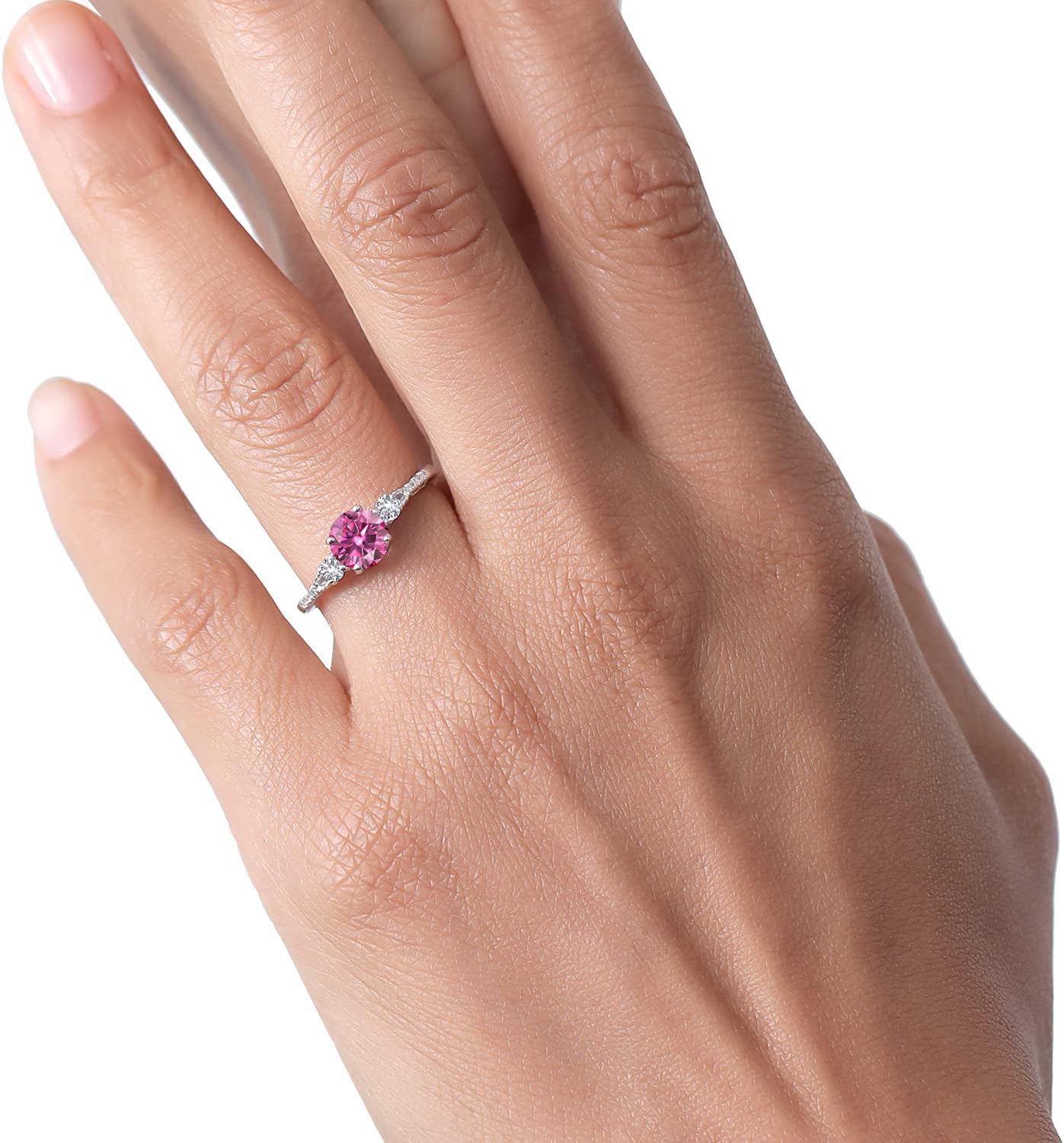 Gem Stone King 10K White Gold Pink Moissanite White Created Sapphire and White Diamond Accent 3-Stone Engagement Ring For Women (0.94 Cttw, Round 6MM, Gemstone Birthstone)