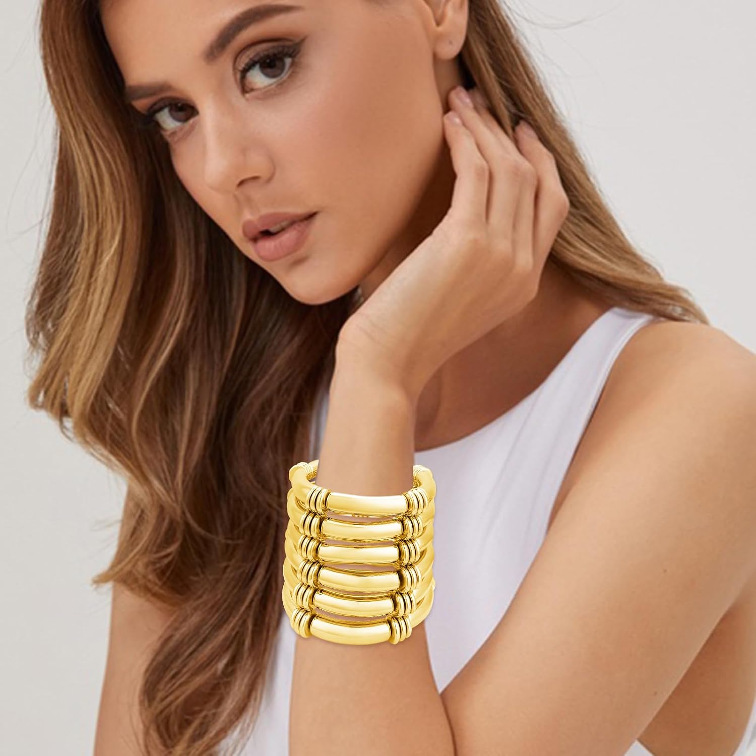 YBMYCM 5PCS Gold Chunky Bangles Bracelets for Women Plated Stackable Layered Curved Bamboo Tube Stretch Bracelets Bangle Gift Jewelry