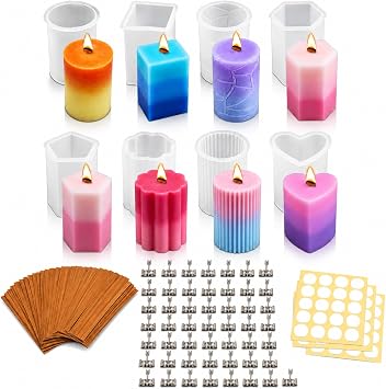 Candle Making Kit, 8PCS 2mm Thickened Silicone Candle Molds & 50 Sets Cherry Wood Wicks - Crackling Wooden Wicks with Metal Stands for Pillar, Votive - Includes 60 Glue Dots