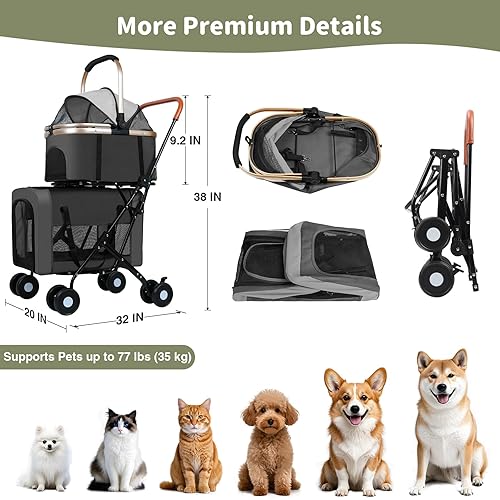 Miniatura 3 de Cochecito doble para mascotas para perros y gatos Cochecito de perro plegable con transportadores desmontables, cinturones de seguridad y 4 ruedas