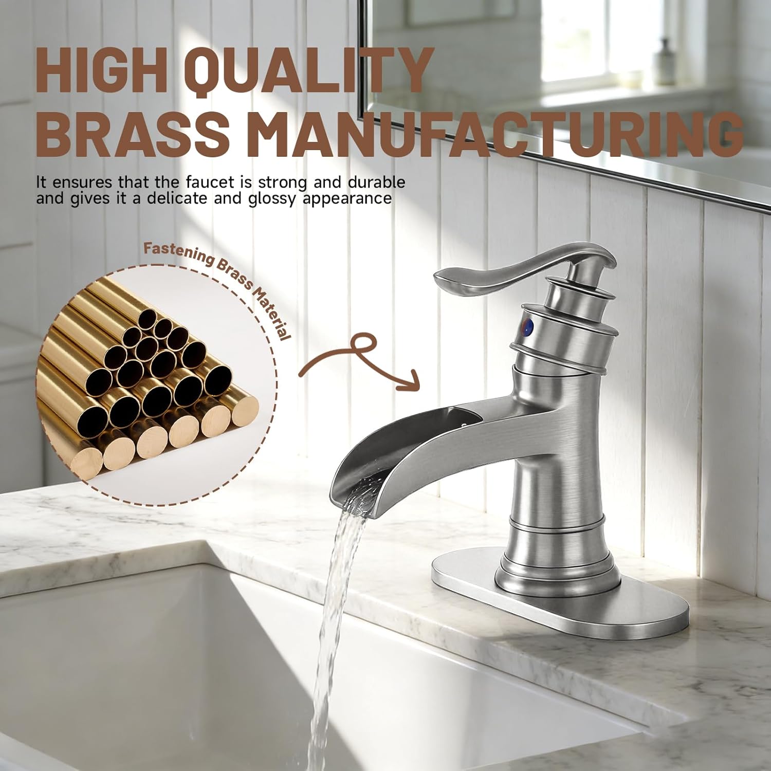 Waterfall Bathroom Faucet Bathroom Sink Faucet Farmhouse Single Handle 1 Hole with Pop Up Drain Assembly Vanity Water Supply Hose, Brushed Nickel
