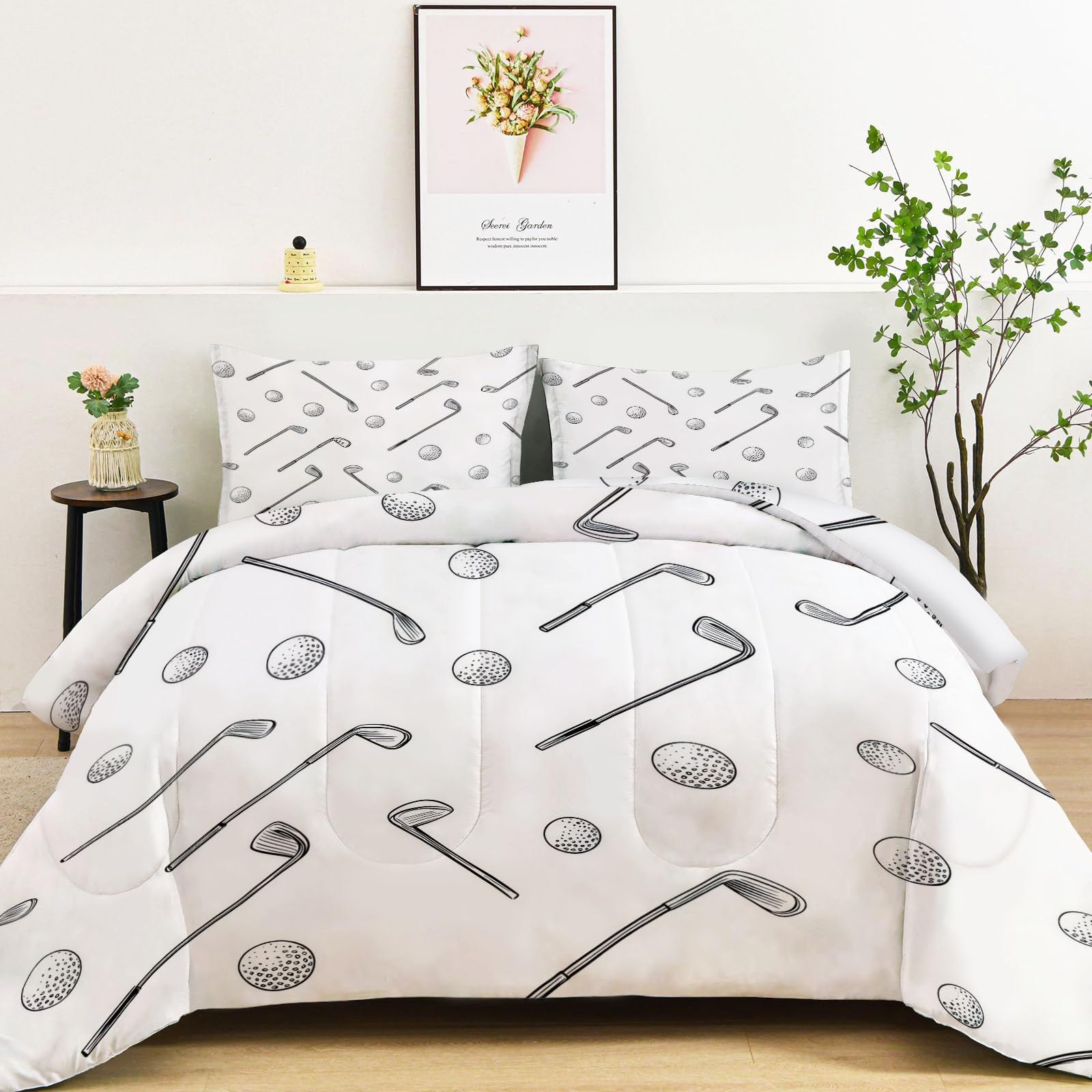 Sports Theme Quilted Comforter Set Twin Size, Golf Club Lightweight 3 Pieces Bedding Set, White Soft Warm Down Comforter 68" x 90" Quilted Bedding Sets for Girls Boys Kids