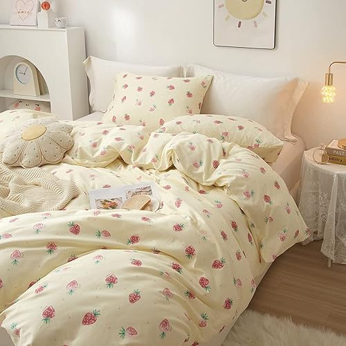 Vista 415 de Linda funda de edredón de fresa, tamaño individual XL, suave, 100% algodón, juego de ropa de cama de fresa rosa, ligero, funda de edredón para niños