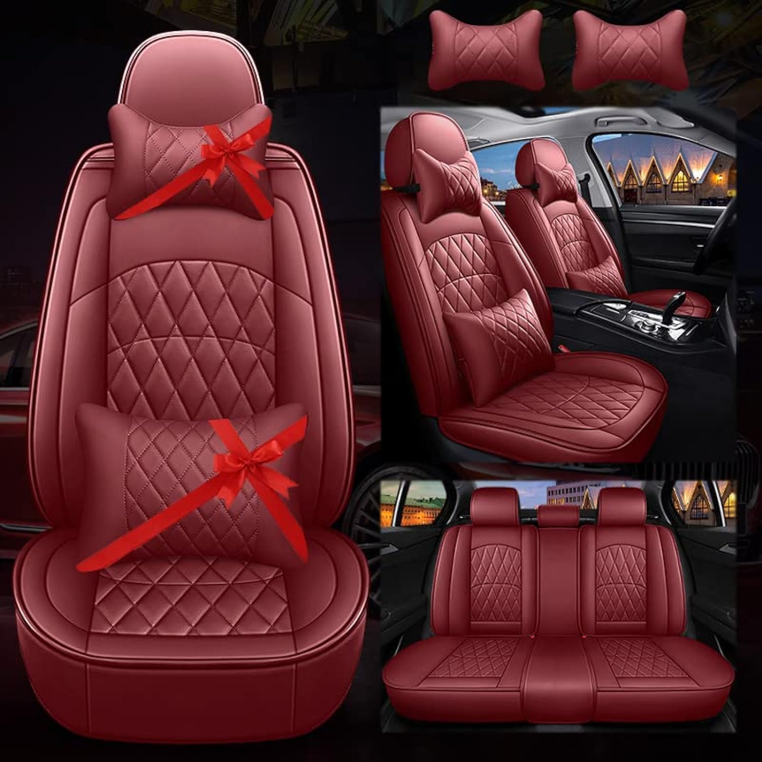 LIODUX Red Car Seat Covers, Breathable Leather Automotive Full Seat