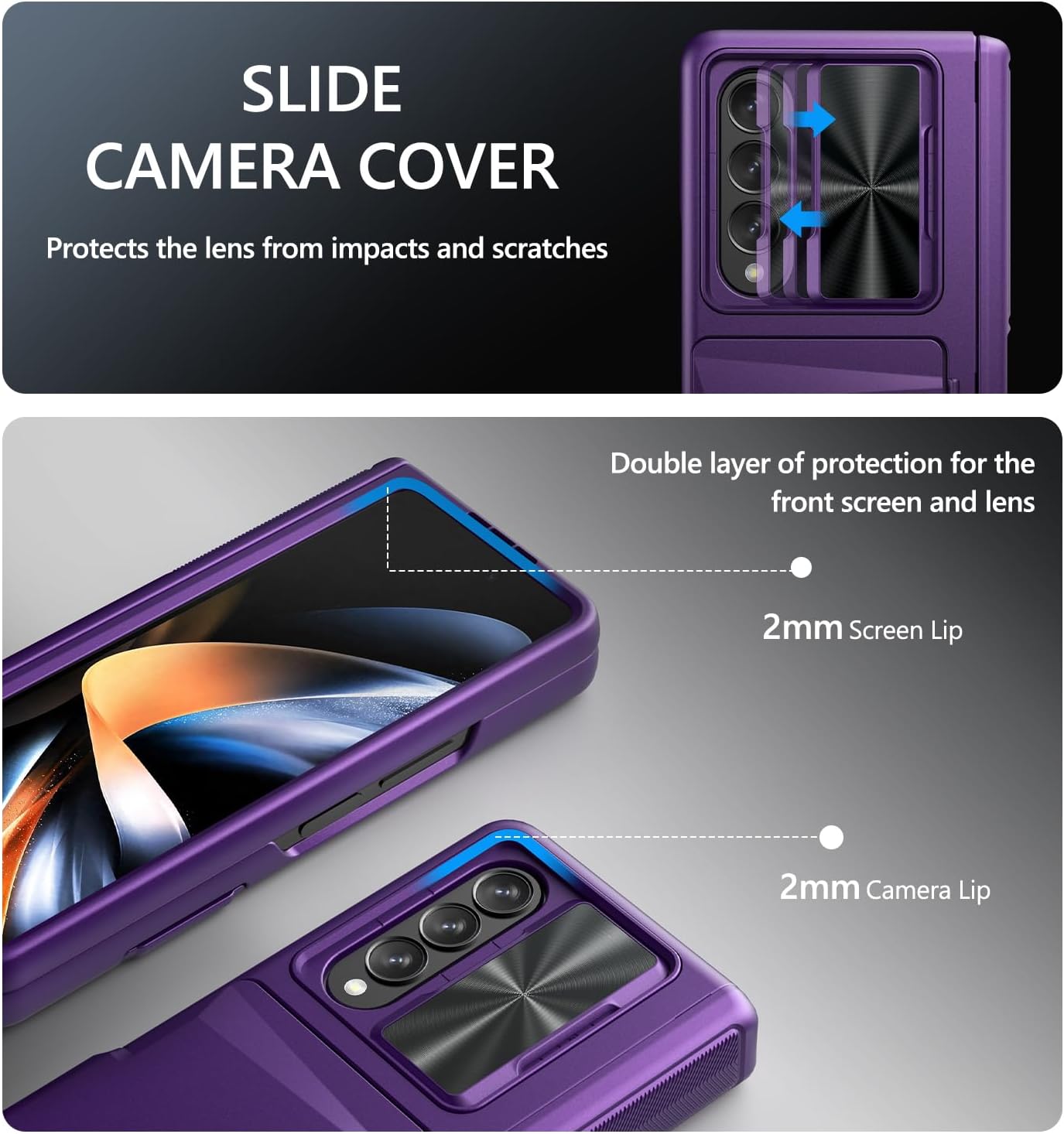 GBEE for Samsung Galaxy Z Fold 4 Case with Card Holder & Hinge Protection & Metal Kickstand & Slide Camera Cover & Screen Protector, Full-Body Protective Case for Galaxy Z Fold 4 2022 (Dark Purple)