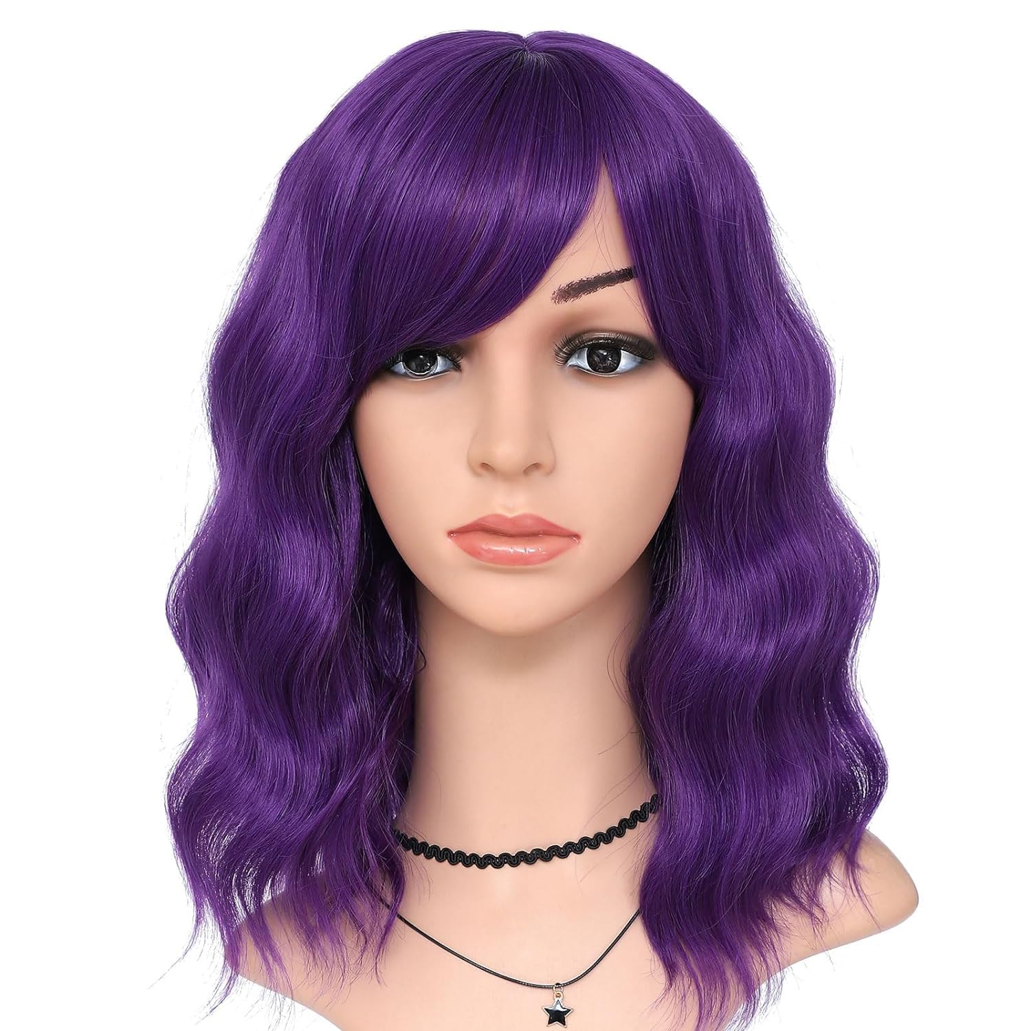 Colorfulpanda Short Bob Dark Purple Wigs for Women Shoulder Length Wavy Curly Wig with Fringe Natural Synthetic Heat Resistant Hair Wig Daily Party wig 14 Inch - Image 2