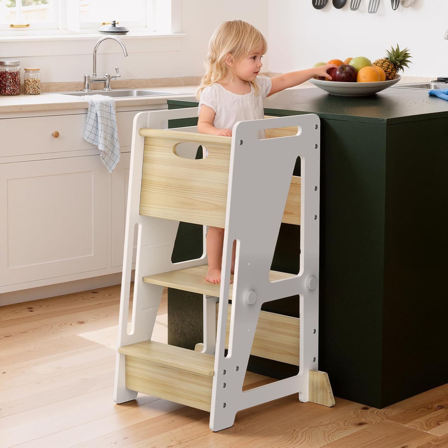 OPAUL Toddler Tower Kitchen Helper Stool - 3 Level Adjustable Height Wooden Learning Step Stool for Kids, Super Sturdy with Non-Skid Feet, Safe Toddler Standing Tower for Counter(Ages 18M-6 Years)