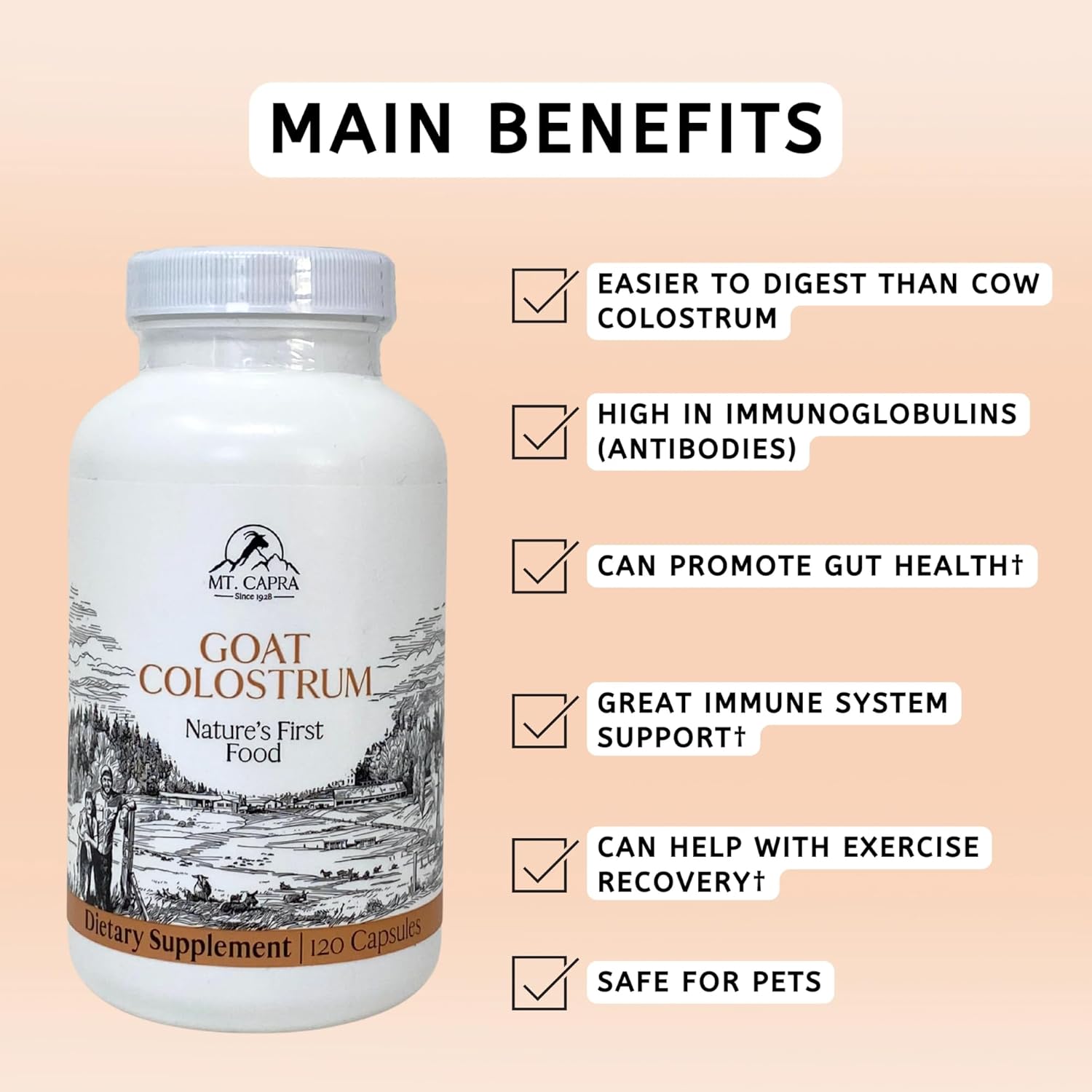 Mt. Capra Goat Colostrum | for Healthy Immune System, Gut, and Athletic Performance | Grass-Fed, High in Immunoglobulins | 30 Servings - 120 Capsules