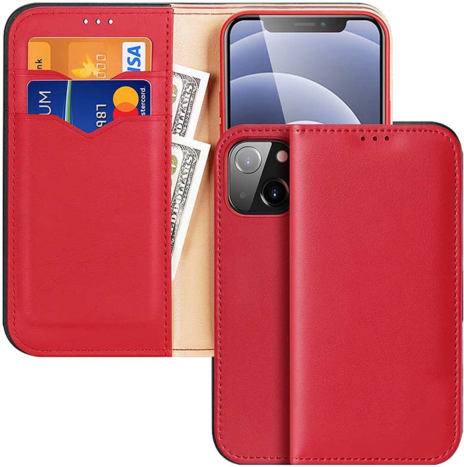 Étui flip folio iPhone 14 rouge béquille intégrée idéal pour regarder vos vidéos