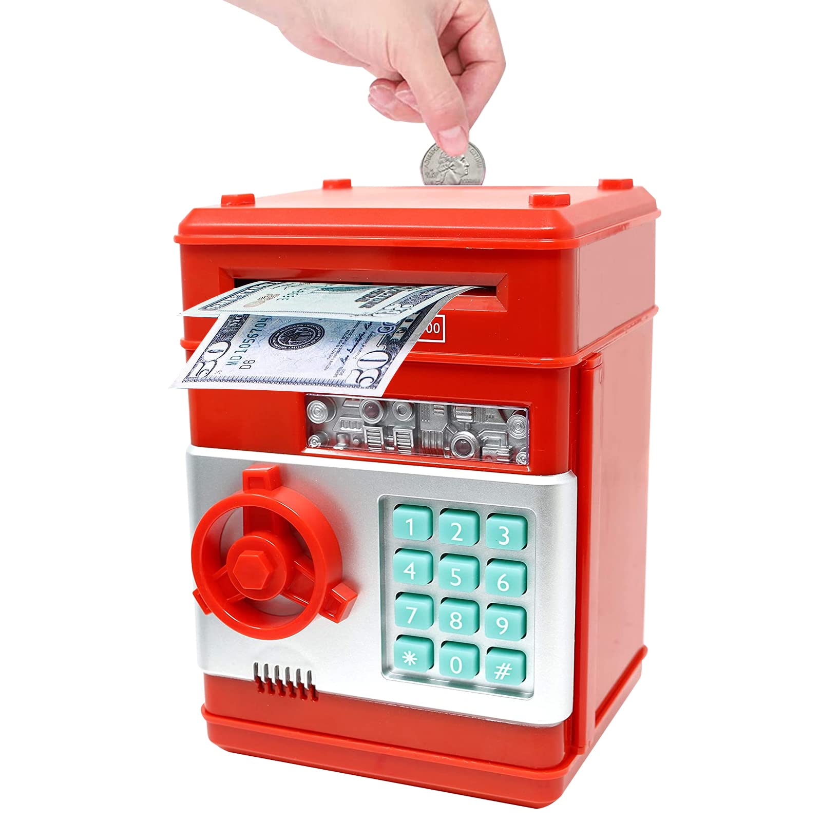 BeauentyElectronic Money Coin Banks for Children, Automatic Paper Money Scroll Mini Saving Box with Password Protection, Kids Banks Saving Box for Kids Gifts Toys (Red)