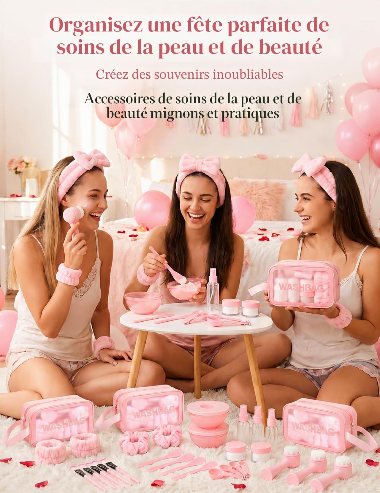 72 Pièces kit Soirée Pyjama Fille Cadeau, Kit Complet Soins du Visage, Outils de Beauté & Pochettes, Idéal pour Les Amis, les Décorations de la Fête des Demoiselles d'honneur et les Cadeaux