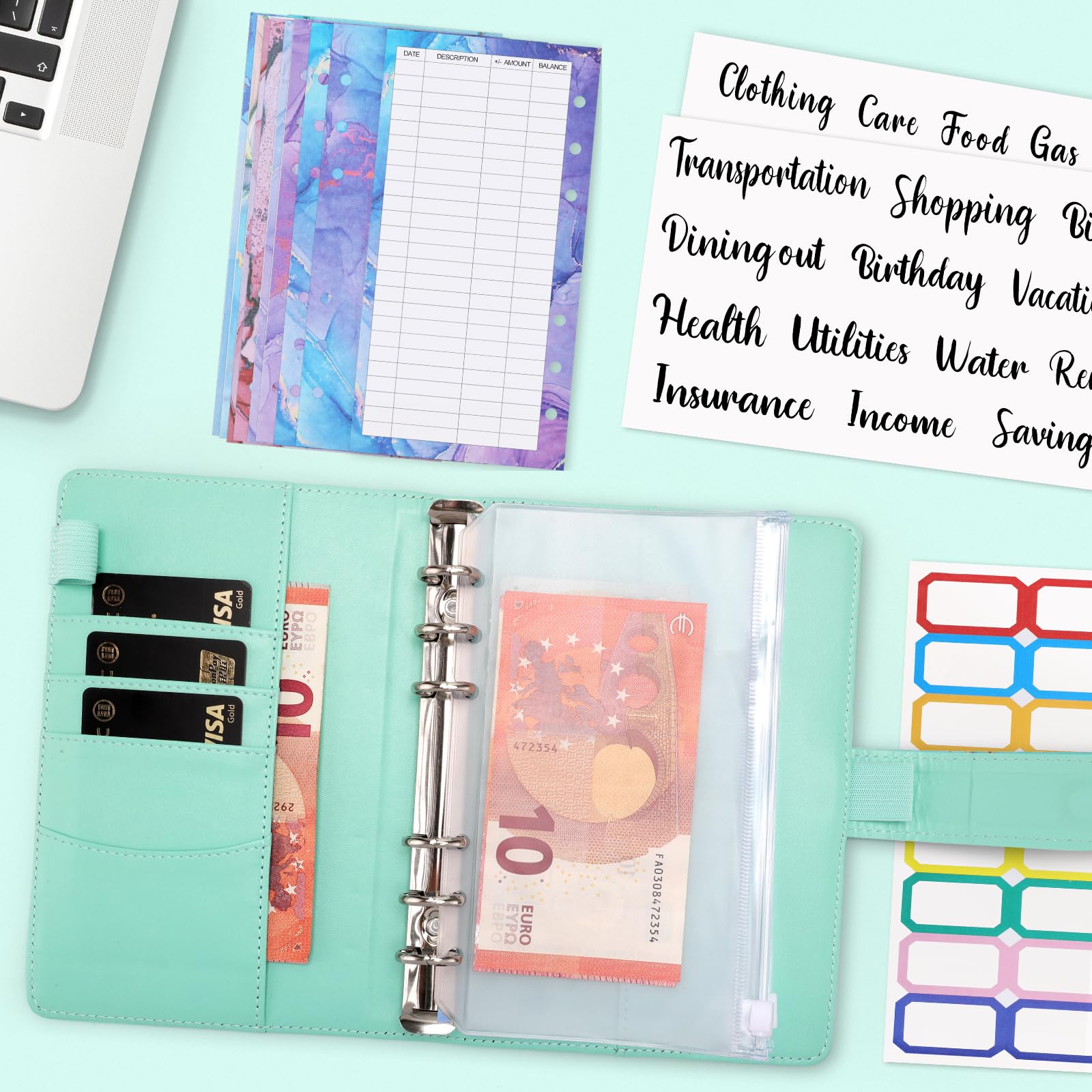 Raccoglitore ad Anelli A6 Budget Binder Pianificatore Risparmio Soldi con Buste e Fogli Bilancio Verde