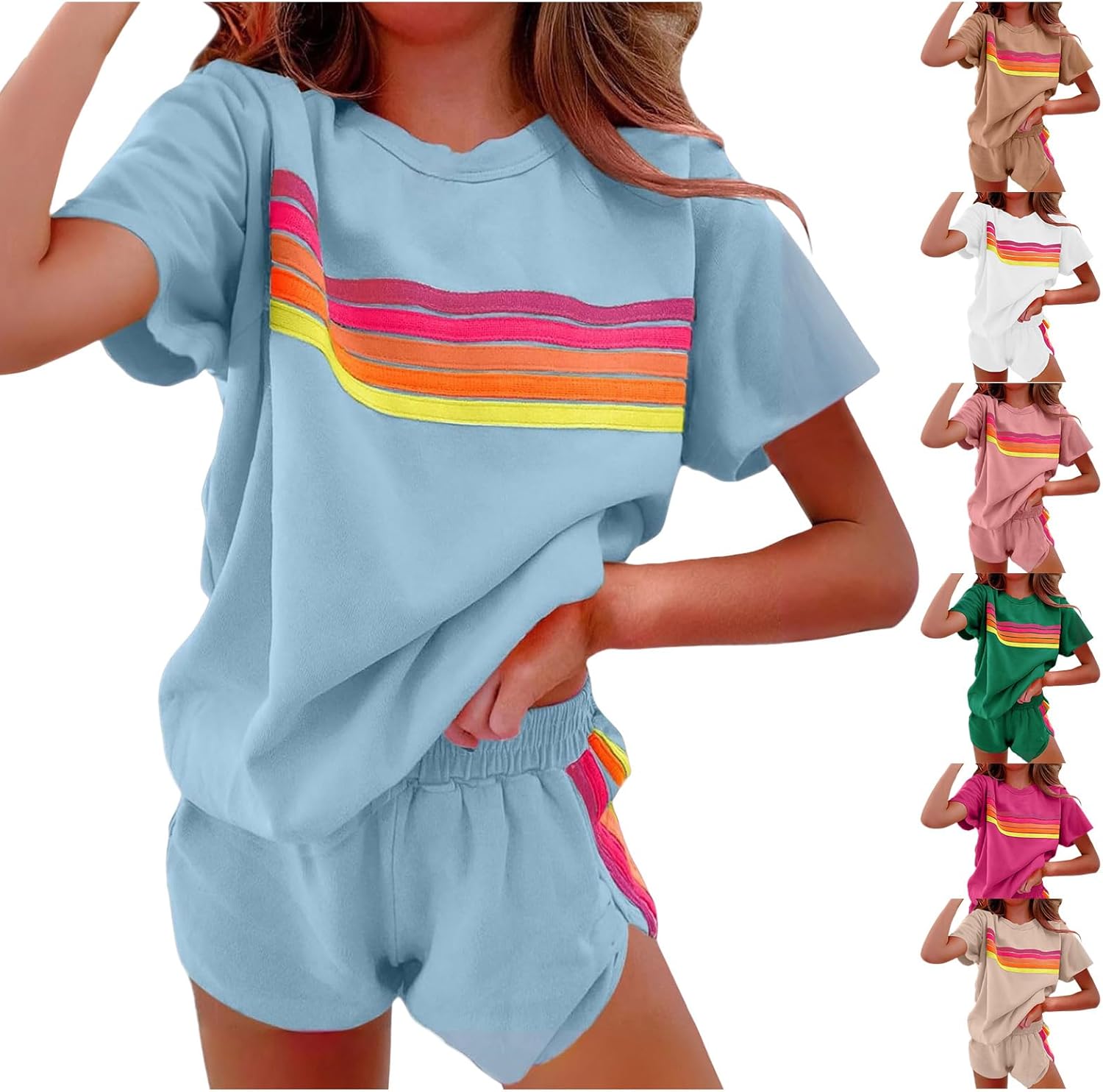 Women 2 Piece Short Sets Outfits Fashion Rainbow Striped Outfits Short Sleeve Crew Neck Tops Shorts Matching Set - Image 4