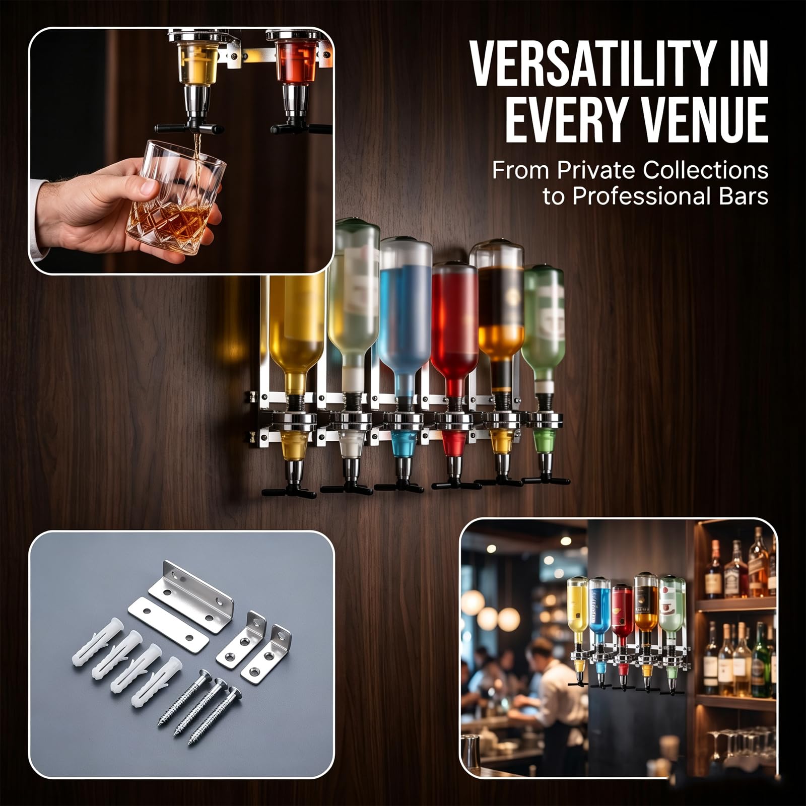 Dispensador De Licores Y Alcohol De Pared para 6 Botellas, Soporte De Bebidas De Acero Inoxidable, Ideal para Bares Y Fiestas En Casa. Apto para Vino, Cócteles, Bebidas Alcohólicas Y Zumos.