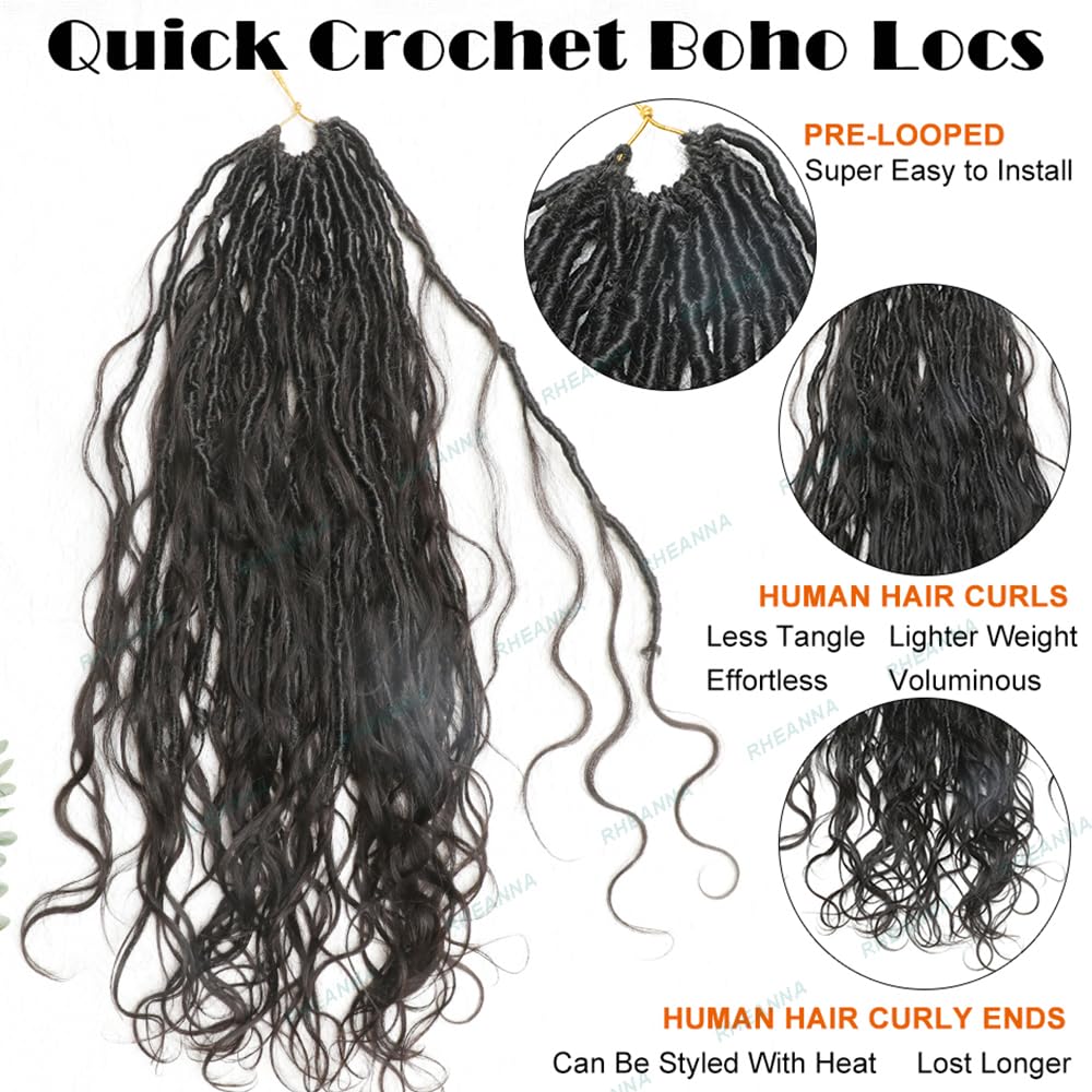 Pre-Looped Crochet Boho Locs With Human Hair Curls Curly Ends Body Wave Human Hair Goddess Locs Crochet Hair 22inch 48Strands