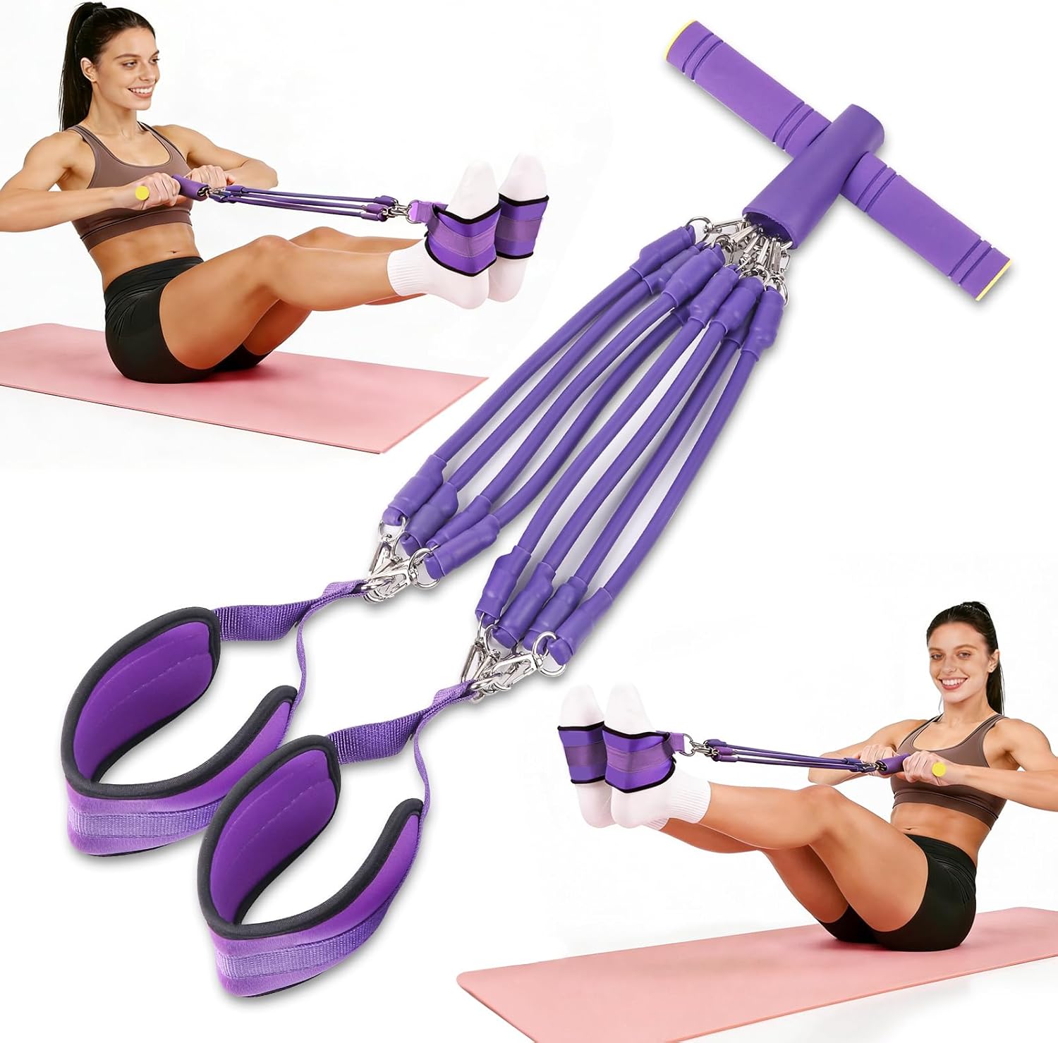 Pedal Resistance Band with Handle - 8-Tube Adjustable Resistance Bands (20-80LBS) for Full Body Workout Featuring Non-Slip Grips and Foot Pedal Designed for Home Gym Use, Yoga, and Strength Training