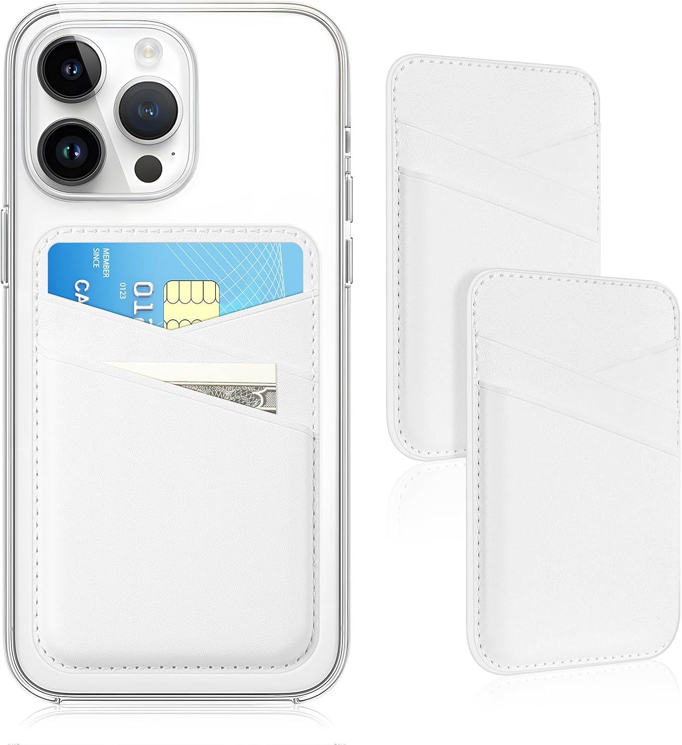 SS Phone Wallet Stick On - Leather Safe Card Holder for iPhone and Samsung Case, Minimalist Double Pocket Back of Cell Phone, Compatible With iPhone 16/15/14 Series, White White (2 Pack No Magnetic)