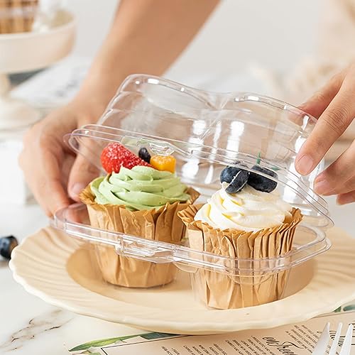 Miniatura 4 de Bekith 60 recipientes de plástico con 2 compartimentos para cupcakes, desechables con tapa hermética conectada, caja transparente apilable para