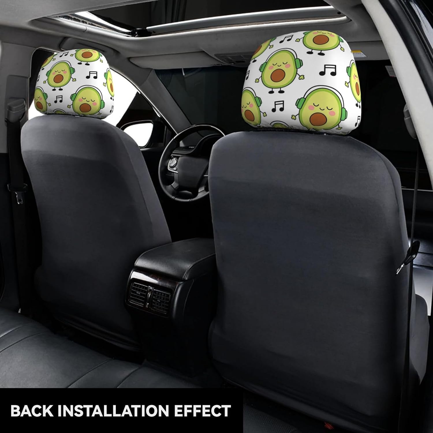 Funny Avocado Wearing Headphones Music Seamless Car Headrest Covers 2 Pack, Universal Fit Stretchable Headrest Protector for Vehicles Auto Interior Accessorie Personalized Decor image 2