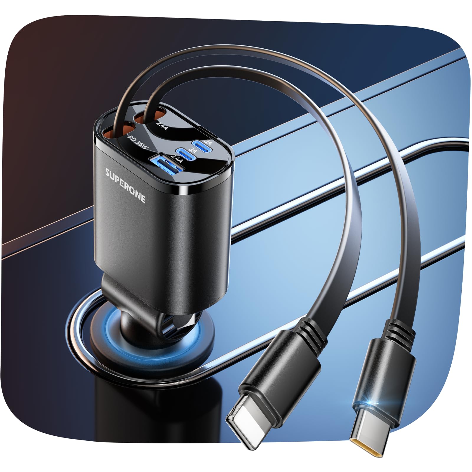 Photo 1 of SUPERONE 5-in-1 Retractable Car Charger with Dual Cables, 90W Car Phone Charger Fast Charging, Compact USB C Car Charger Adapter with Multi Ports for iPhone 17/16/15/14/13, Galaxy, Pixel, ipad - Black