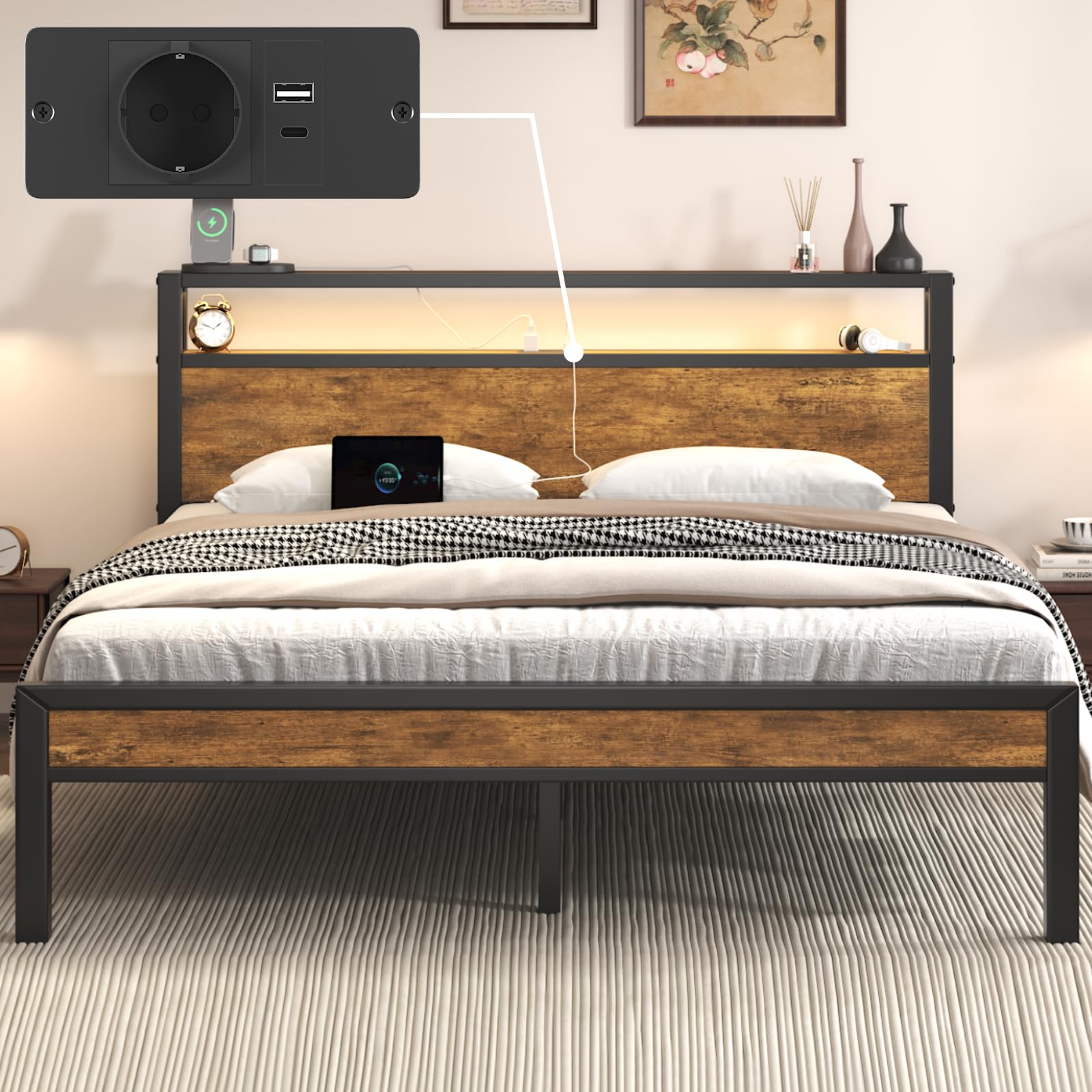 Cadre Lit 160x200 Tête en Bois LED USB, Étagères Lattes Métalliques, Marron | Lit Double avec Sommier, 2 Étagères Tête Lit Rangement, Ports USB et Type-C intégrés, Montage Facile, Structure Robuste