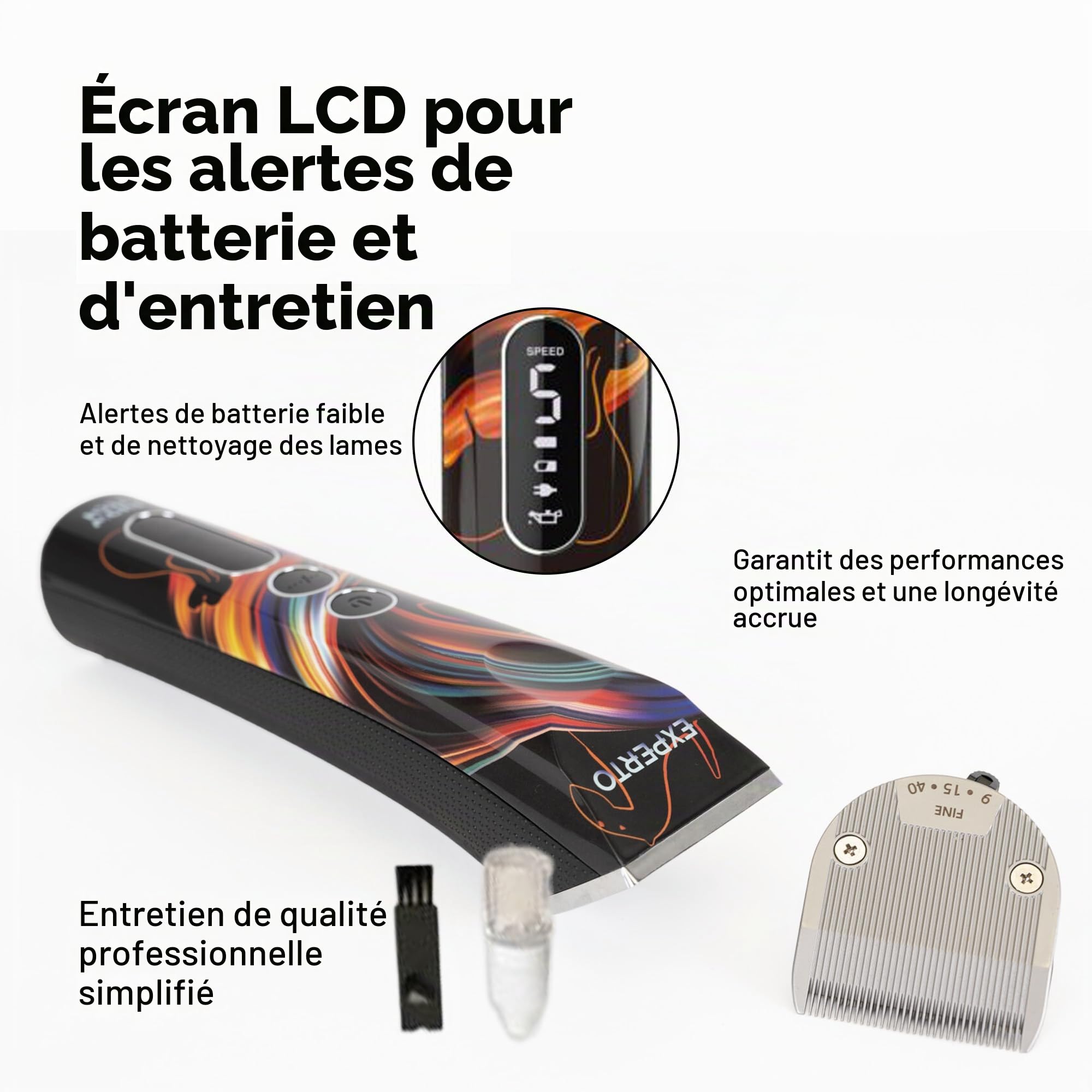Show Tech Experto Tondeuse sans fil pour chien - Ultra silencieuse - Moteur rotatif puissant pour poils épais - 5 réglages de vitesse - Kit de toilettage pour chien