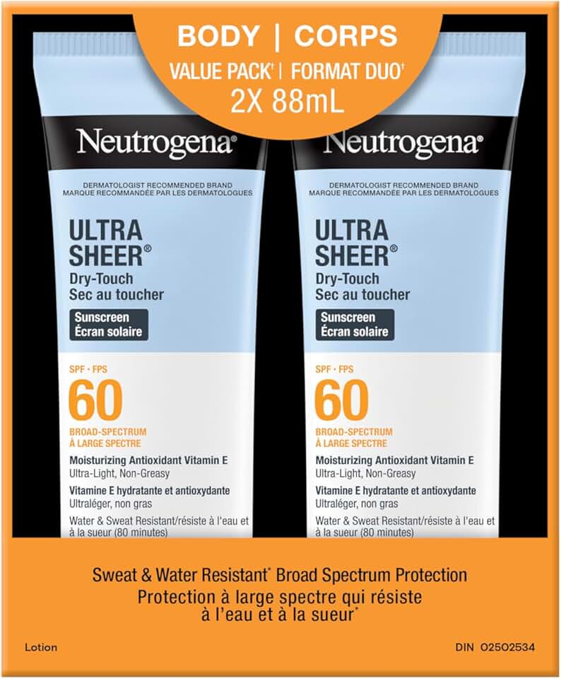 Neutrogena Ultra Sheer Dry-Touch Sunscreen Lotion, Broad Spectrum SPF 60 UVA/UVB Protection, Oxybenzone-Free, Light, Water Resistant, Non-Comedogenic & Non-Greasy, 88 mL (Twin Pack)
