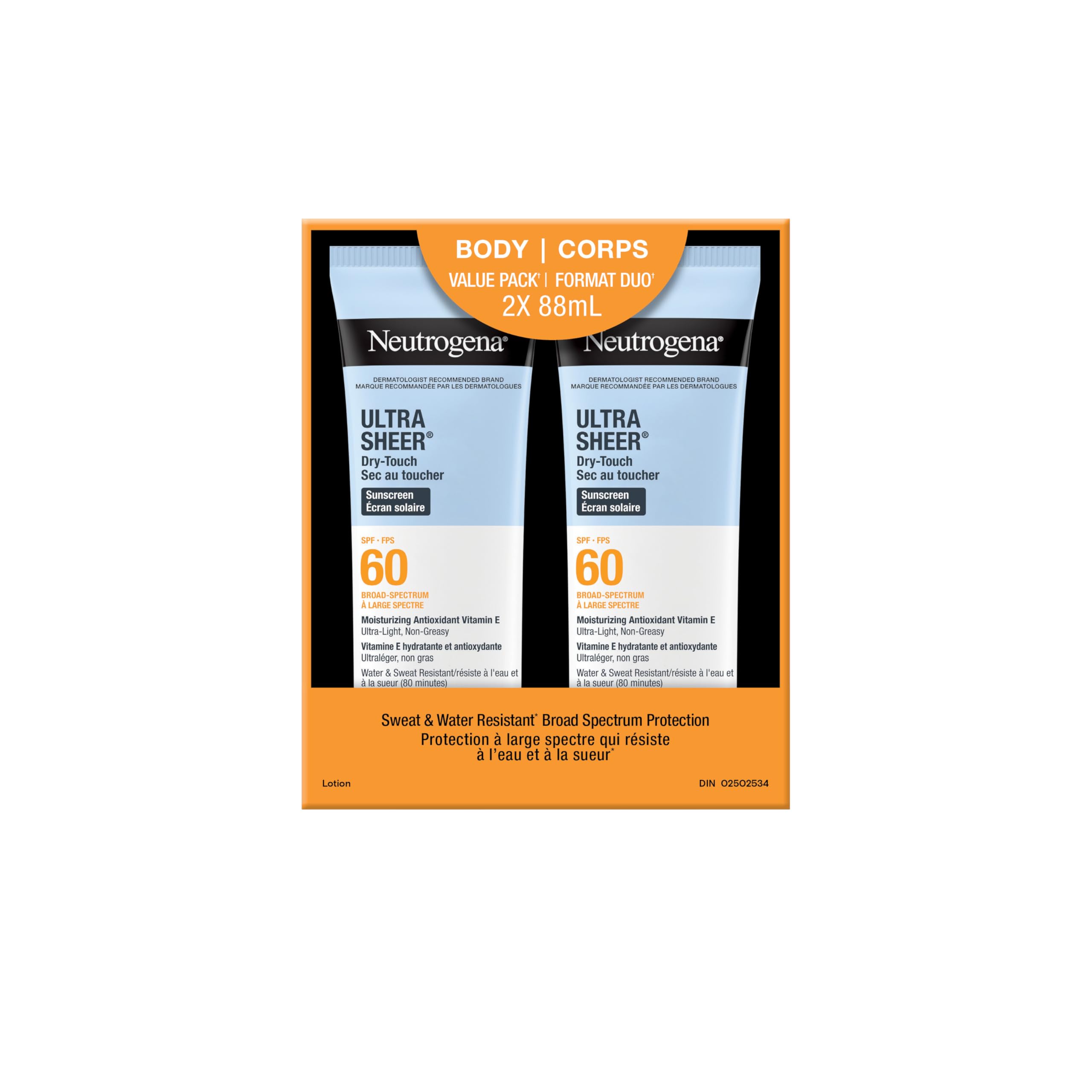 Neutrogena Ultra Sheer Dry-Touch Sunscreen Lotion, Broad Spectrum SPF 60 UVA/UVB Protection, Oxybenzone-Free, Light, Water Resistant, Non-Comedogenic & Non-Greasy, 88 mL (Twin Pack) - 2