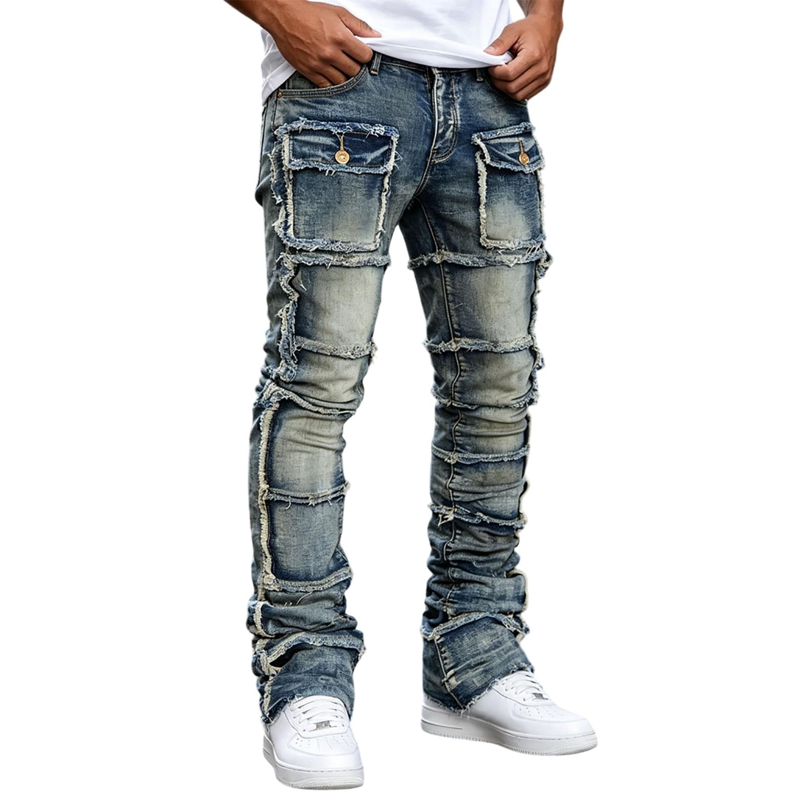 Jeans da uomo elasticizzati, slim fit, look usato, per il tempo libero, gamba larga, strappati, comodi, elasticizzati, stile punk, per attività all'aperto, hip hop, Harajuku, streetwear