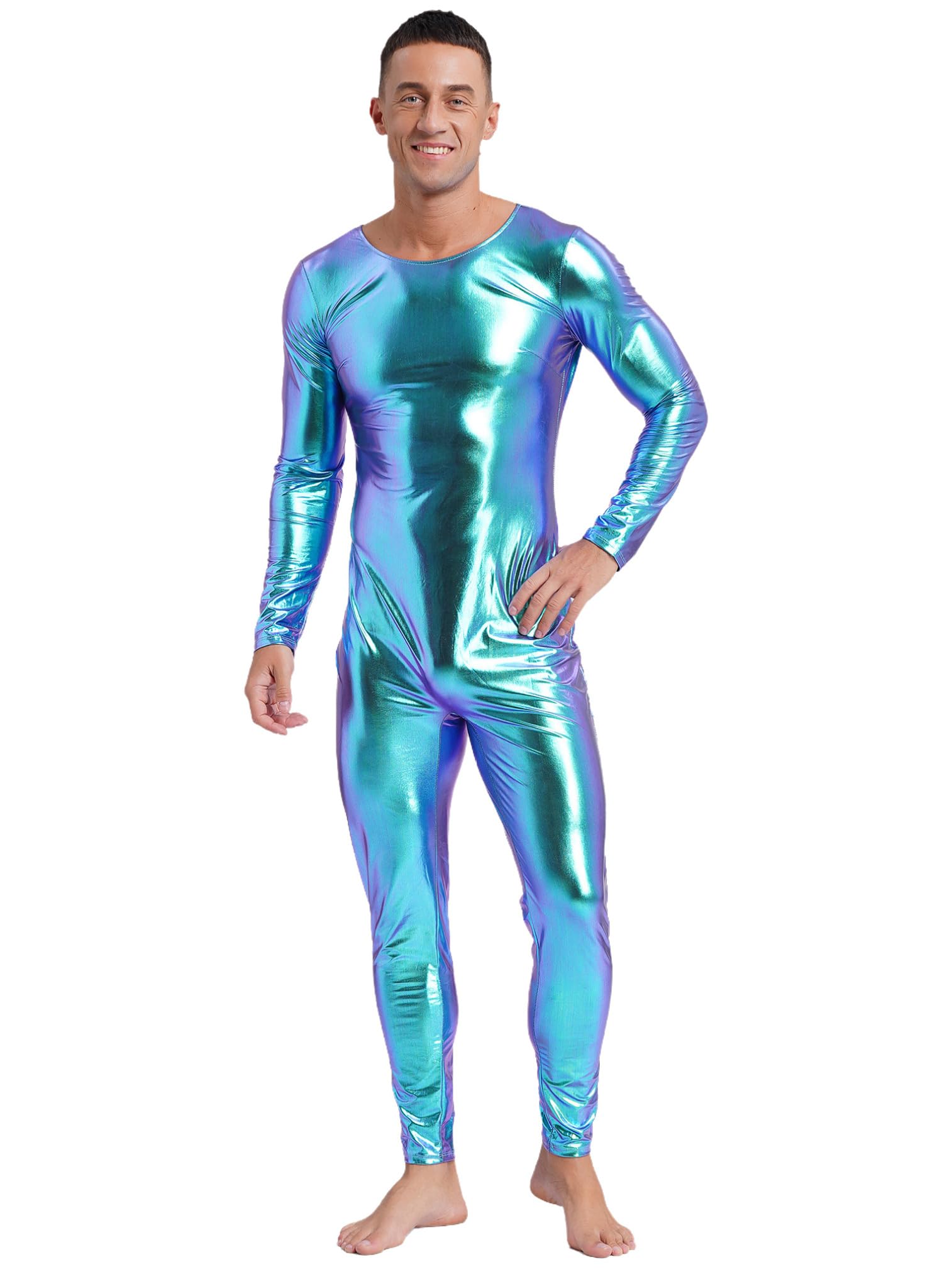 ranrann Homme Body Métallique Justaucorps Danse Manches Longues Combinaison Bodysuit Jumpsuit Unitard Clubwear