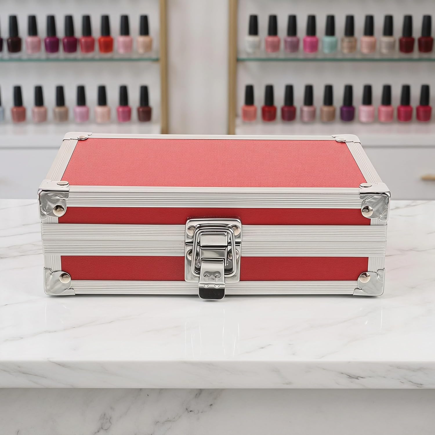 SHINEOFI Red Aluminum Alloy Tool Box with Foam Insert, Lockable