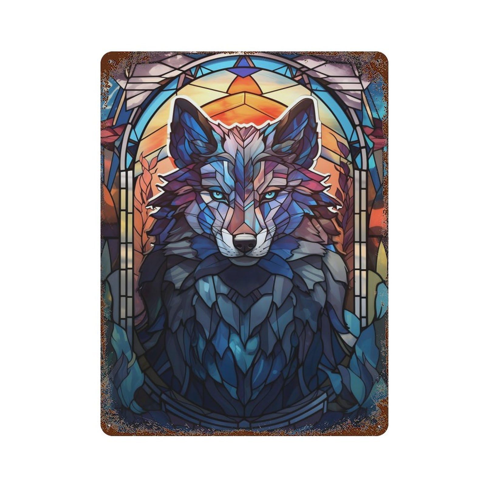 Wolf Stained Glass Decorative Tin Sign 15.7"x11.8", Retro Wall Decor for Living Room, Hallway And Home Decor