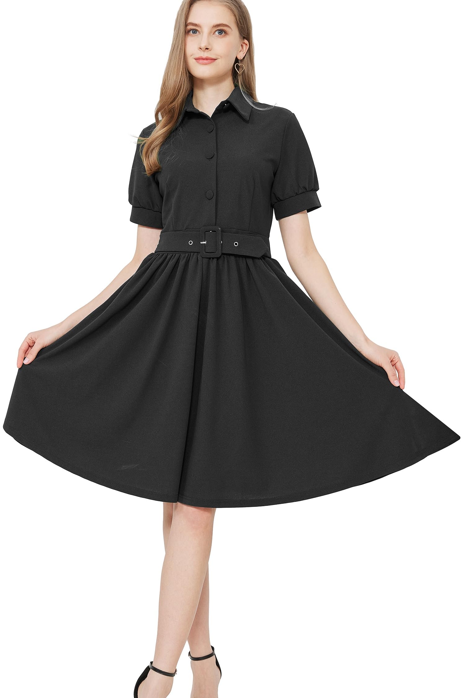 AXOE Femme Robe Rockabilly Années 50 Pin up A-Line avec Ceinture Boutonée Devant Fete Mariage Invitée