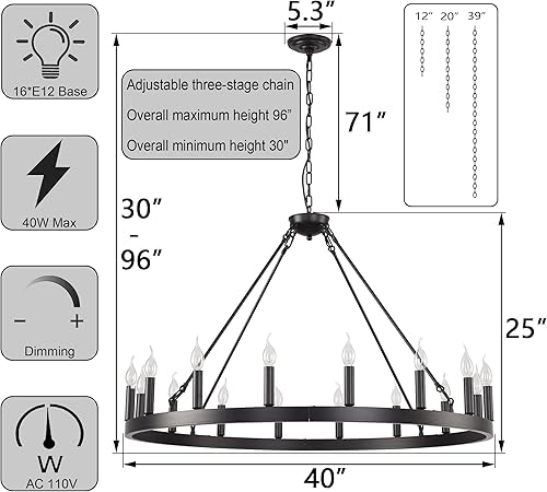 Miniatura 4 de Lámpara de araña grande de 40 pulgadas, color negro, con ruedas de carro, rústicas, redondas, de 16 luces, para exteriores, porche, techos altos,