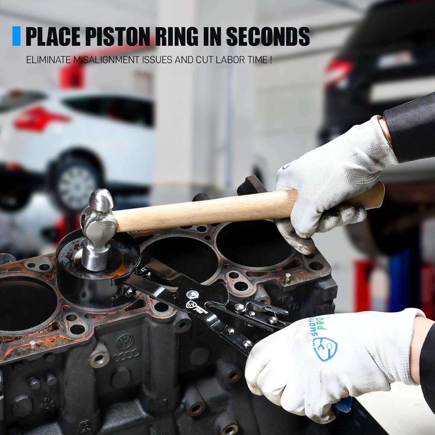 8 Piece Piston Ring Compressor Tool Set with Piston Ring Pliers and 7 Piston Rings from 2-7/8" to 4-5/8"(73mm-117mm), Ring Compressor for Car Engine